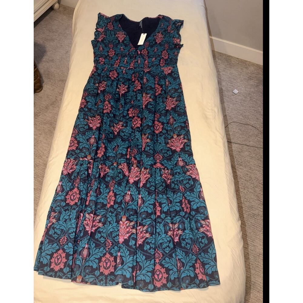 Anthropologie The Peregrine Midi Dress flutter sleeve teal green Motif Large NWT - Picture 5 of 13